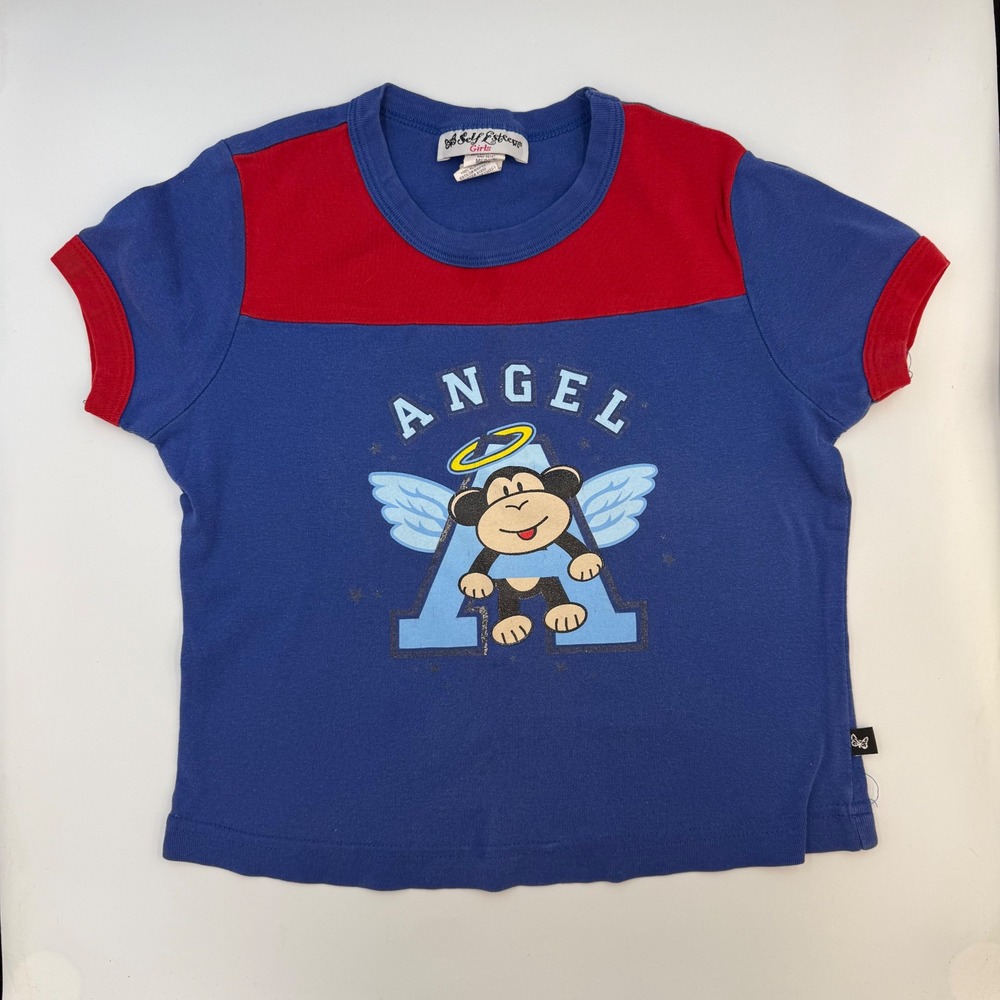 Self Esteem‎ Girls Angel Monkey Tee Blue Graphic Shirt Sz M Cotton Vintage Y2K